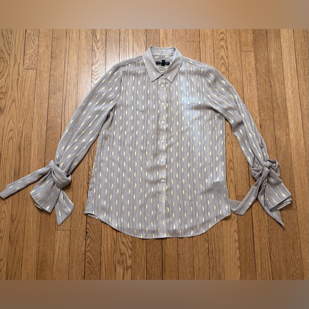 Banana Republic Semi Sheer Gold Printed Dillon Top with Tie Sleeve detail